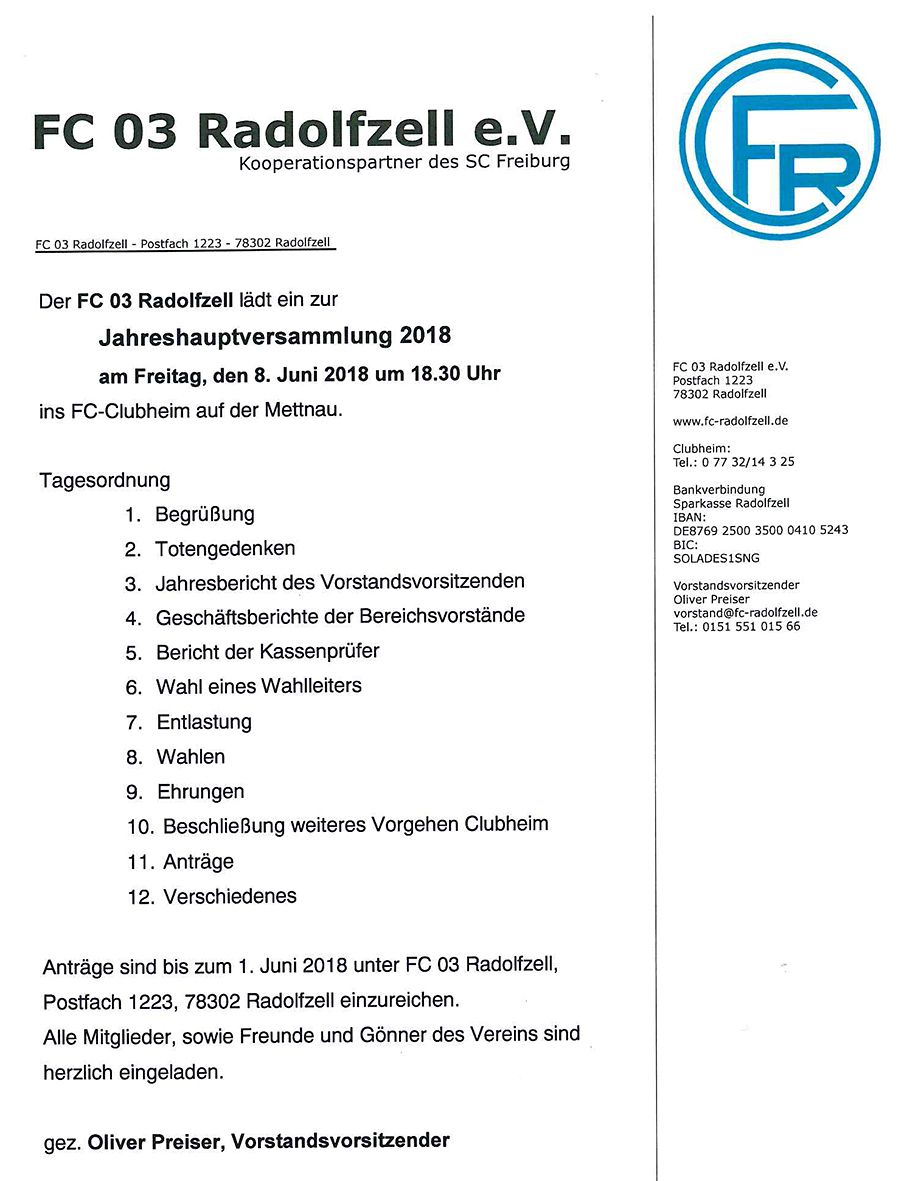 Einladung zur Jahreshauptversammlung 2018